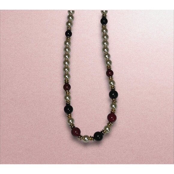 Vintage Faux Pearl Necklace W/ Red & Black Beads Gold Accents Classic Jewelry Ha - Picture 5 of 5